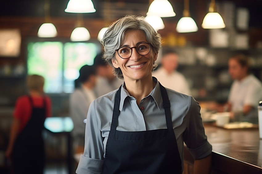 Gracious female restaurant manager cheerfully working against on blurred background