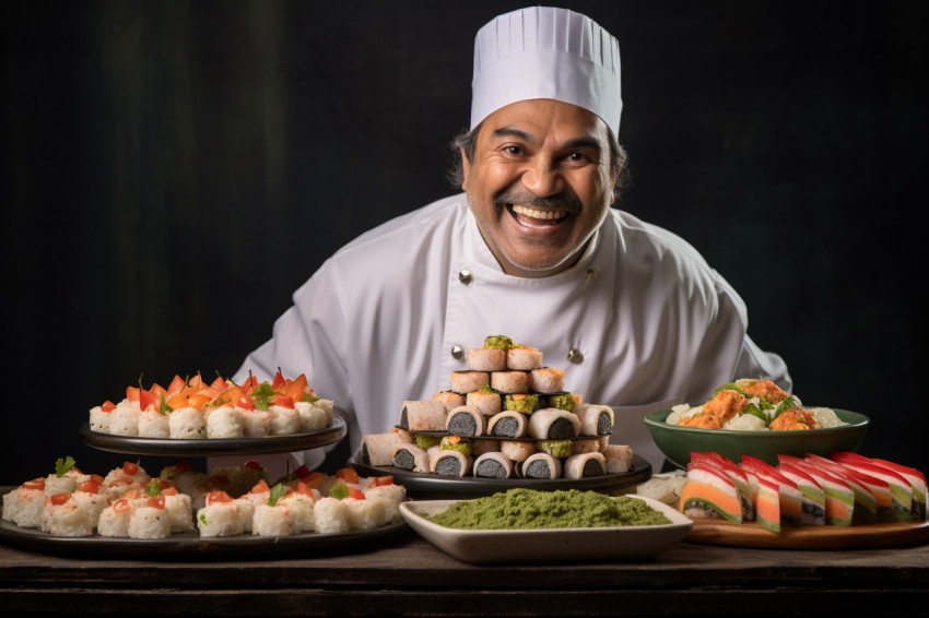 Happy Indian sushi chef preparing fresh sushi rolls on blurred background