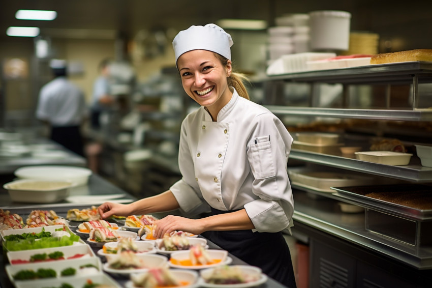 Smiling female sushi chef preparing fresh sushi rolls on blurred background