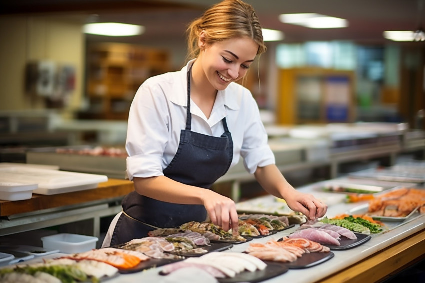 Smiling female sushi chef preparing fresh sushi rolls on blurred background