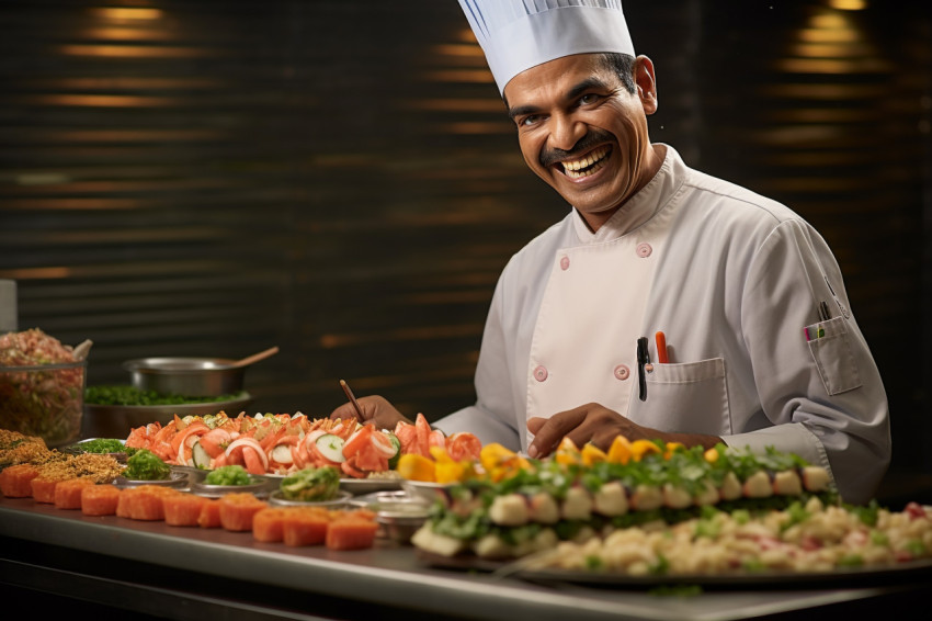 Happy Indian sushi chef preparing fresh sushi rolls on blurred background