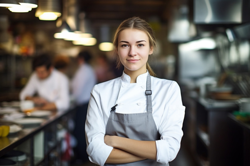 Cheerful female chef overseeing kitchen operations against a blurred background