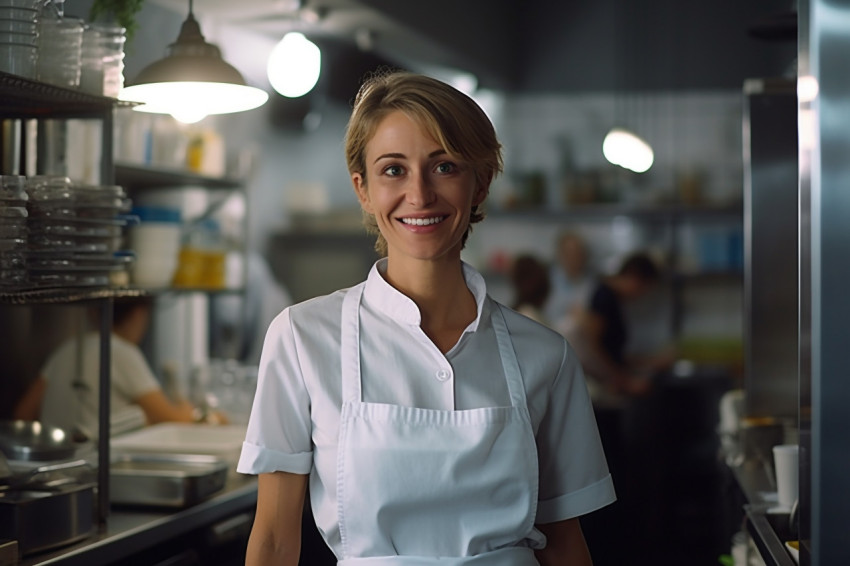 Cheerful female chef overseeing kitchen operations against a blurred background