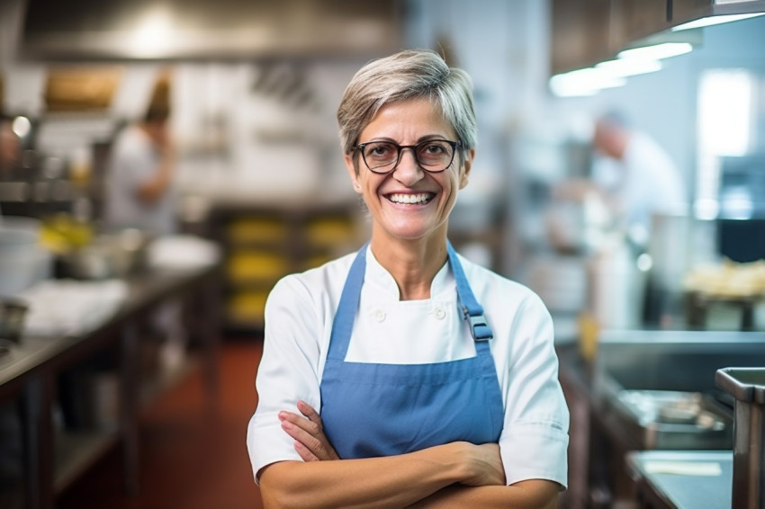 Cheerful female chef overseeing kitchen operations against a blurred background