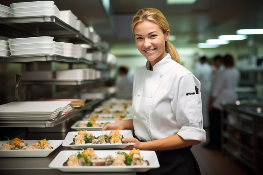 Smiling female sushi chef preparing fresh sushi rolls on blurred background