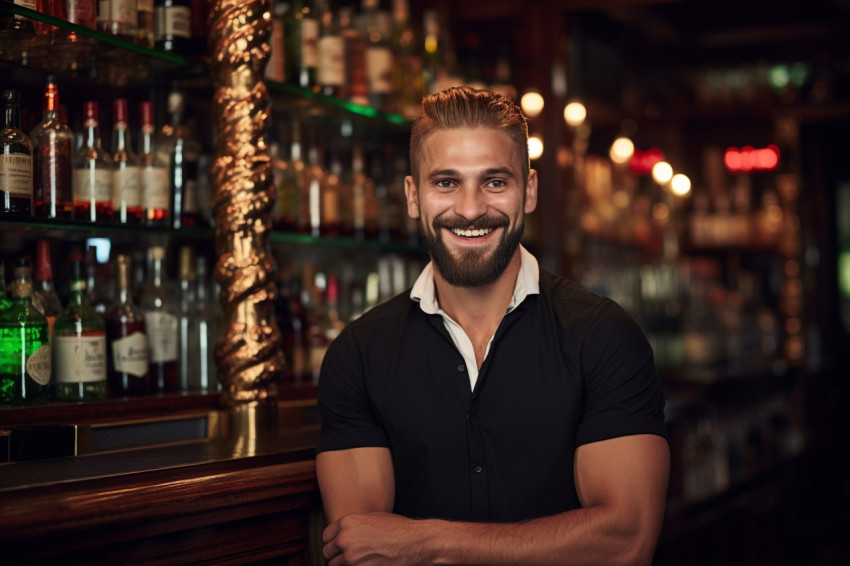 Cheerful bar manager greets customers with a warm smile on blurred background