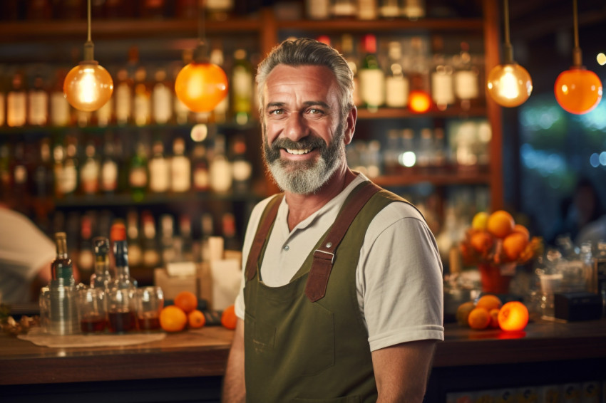 Cheerful bar manager greets customers with a warm smile on blurred background