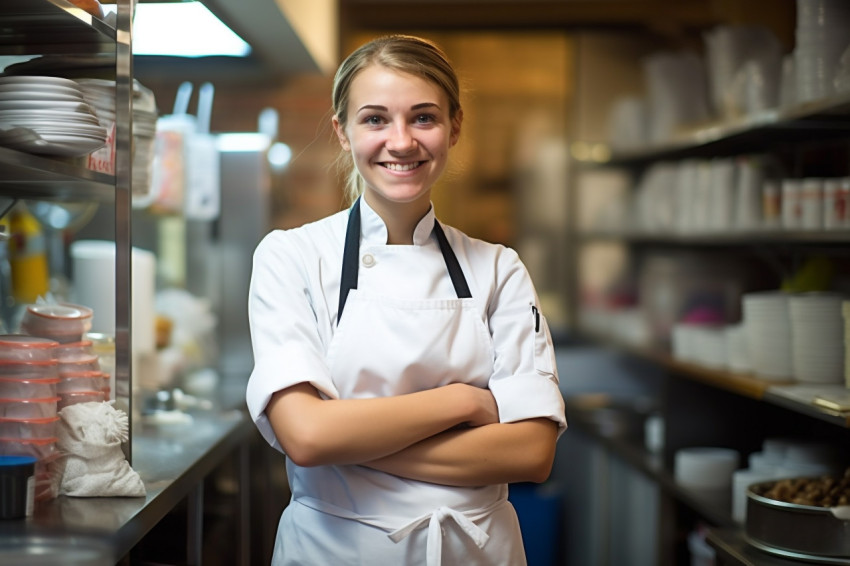 Cheerful female chef overseeing kitchen operations against a blurred background