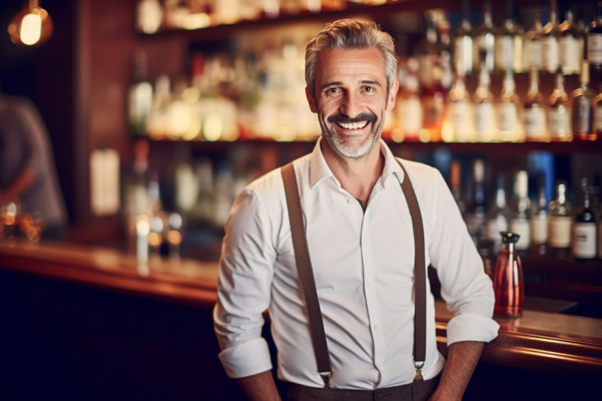 Cheerful bar manager greets customers with a warm smile on blurred background