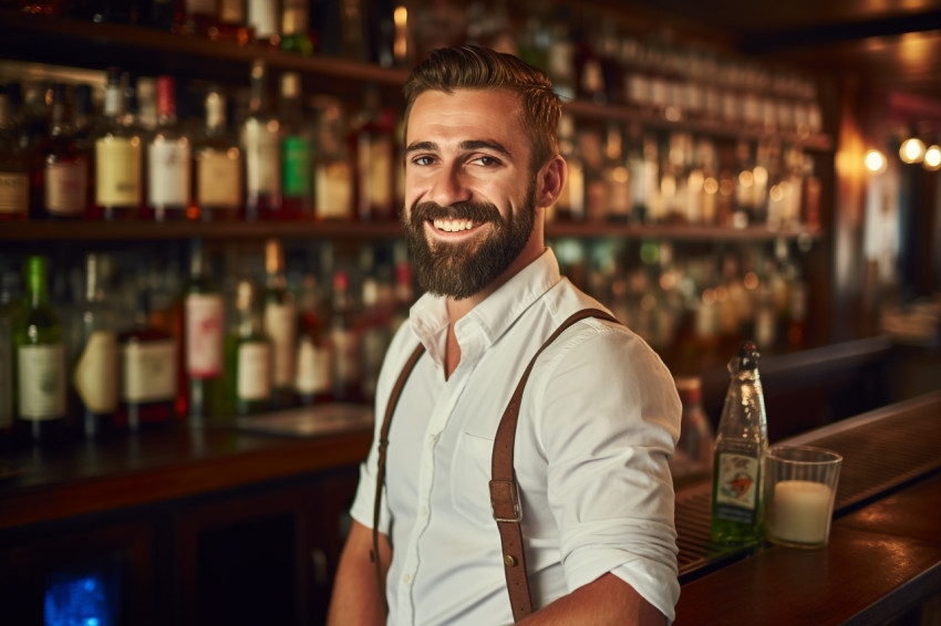 Cheerful bar manager greets customers with a warm smile on blurred background