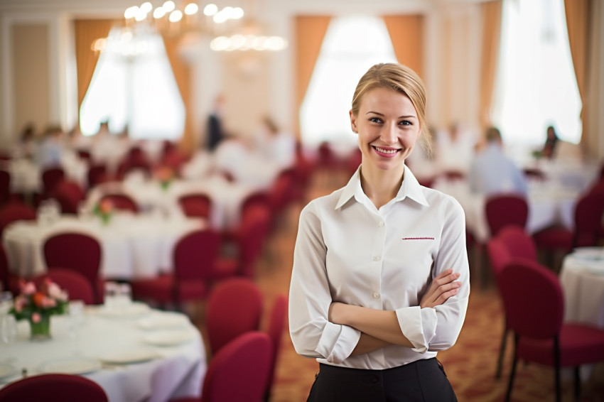 Cheerful female event manager working in a professional setting on blurred background