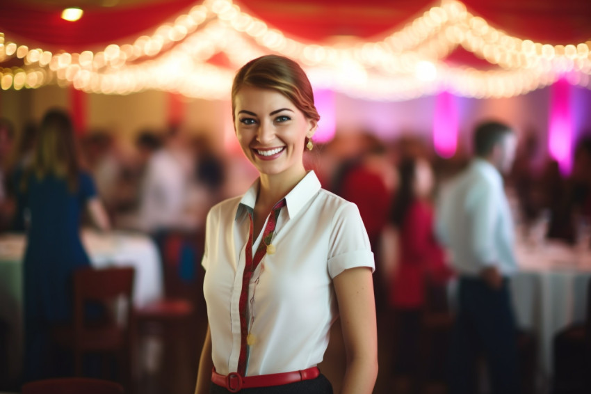 Cheerful female event manager working in a professional setting on blurred background