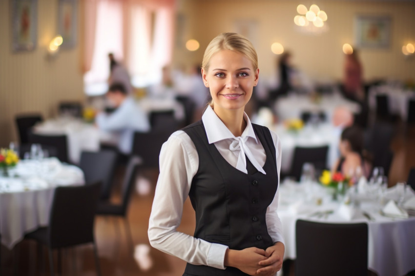 Cheerful female event manager working in a professional setting on blurred background