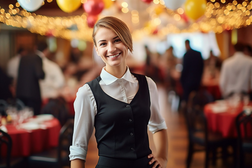 Cheerful female event manager working in a professional setting on blurred background