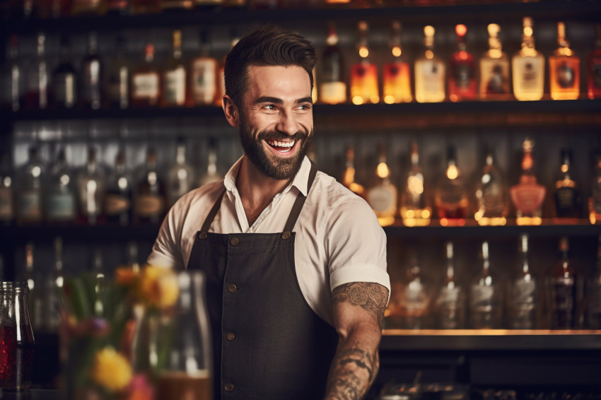 Cheerful bartender mixing drinks with a welcoming smile on blurred background