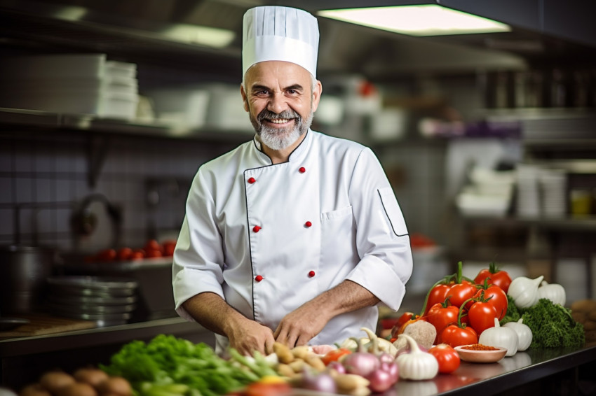 Enthusiastic male chef preparing food against  on blurred background