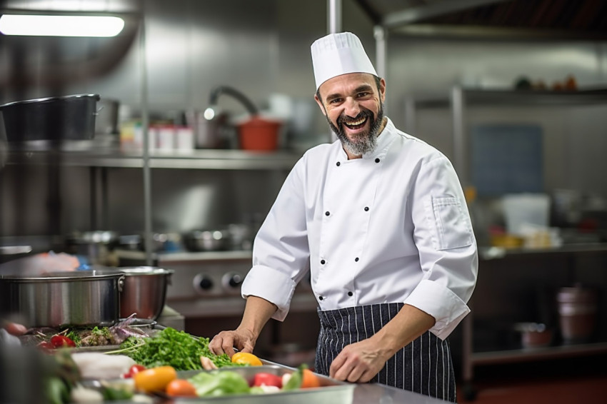 Enthusiastic male chef preparing food against  on blurred background