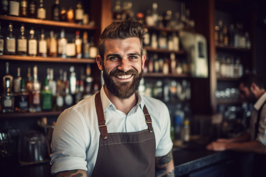 Cheerful bartender mixing drinks with a welcoming smile on blurred background