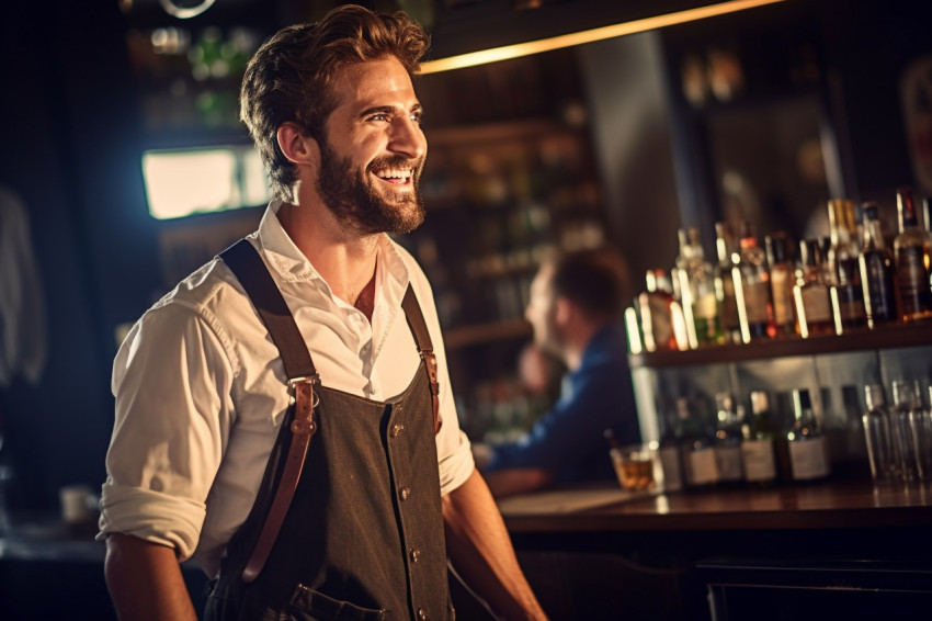 Cheerful bartender mixing drinks with a welcoming smile on blurred background