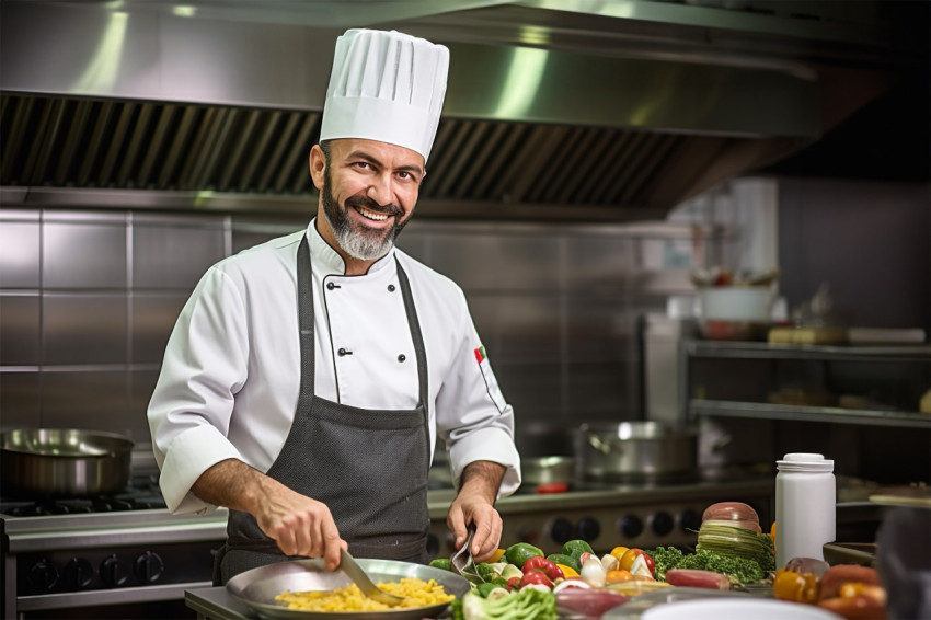 Enthusiastic male chef preparing food against  on blurred background