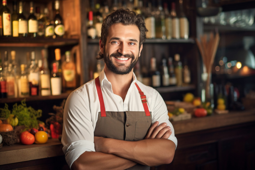 Cheerful bartender mixing drinks with a welcoming smile on blurred background