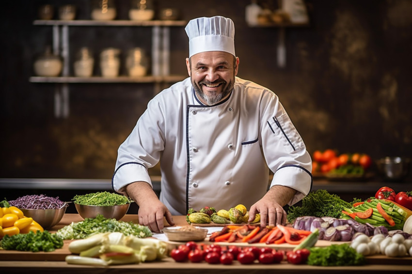 Enthusiastic male chef preparing food against  on blurred background