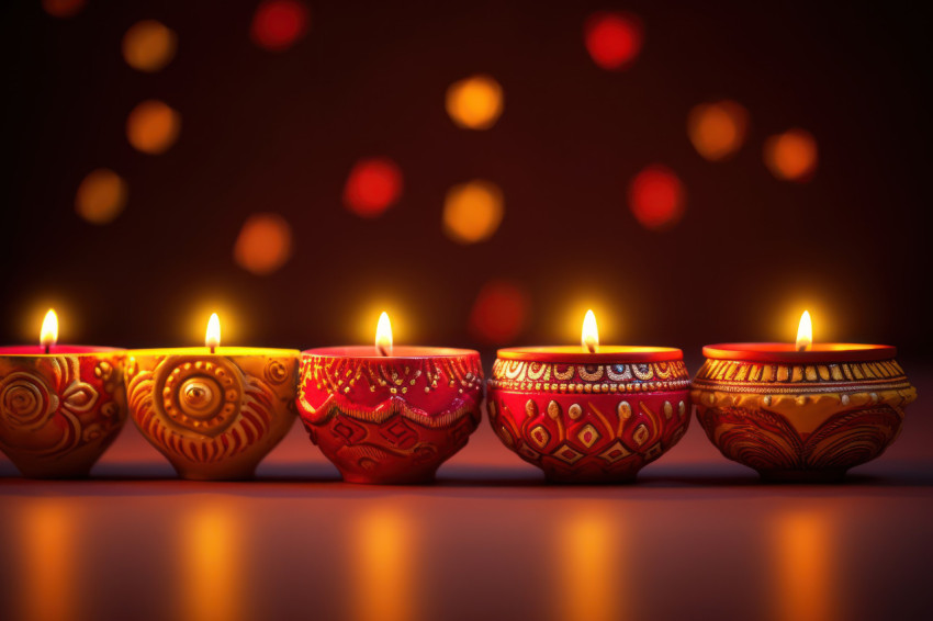 Diya candles glowing in a row against a creative backdrop