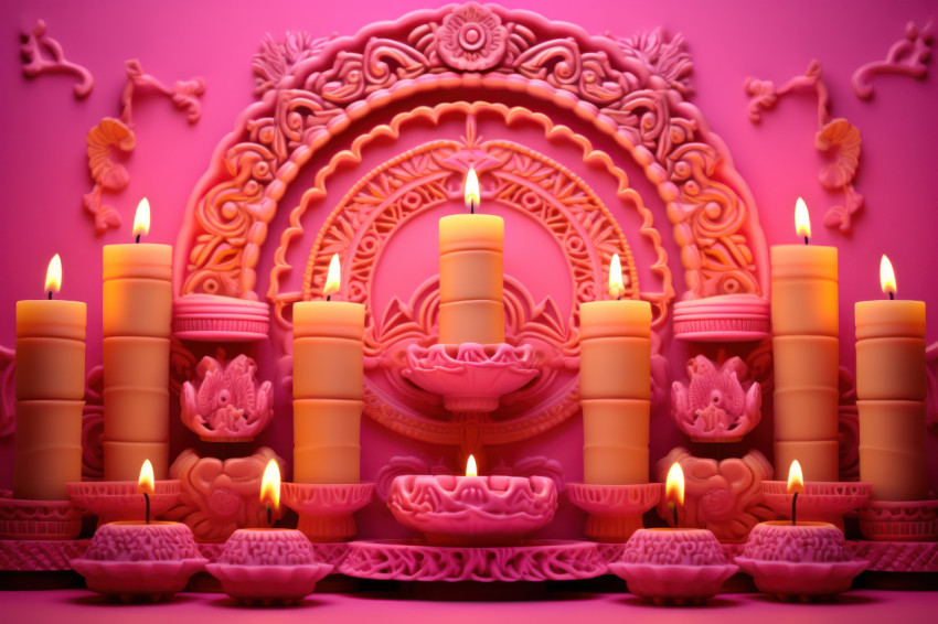 Diwali candles glowing on a pink background