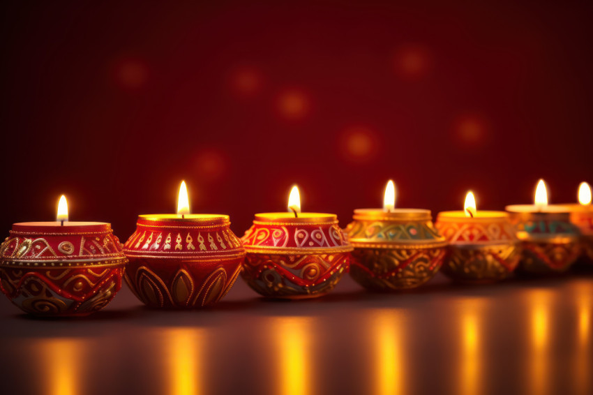 Diya candles glowing in a row against a creative backdrop