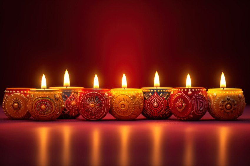 Diya candles glowing in a row against a creative backdrop