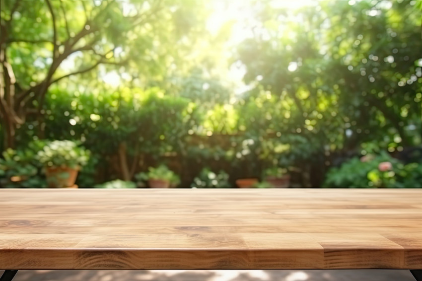 A wooden wood table with blurred background inside a garden