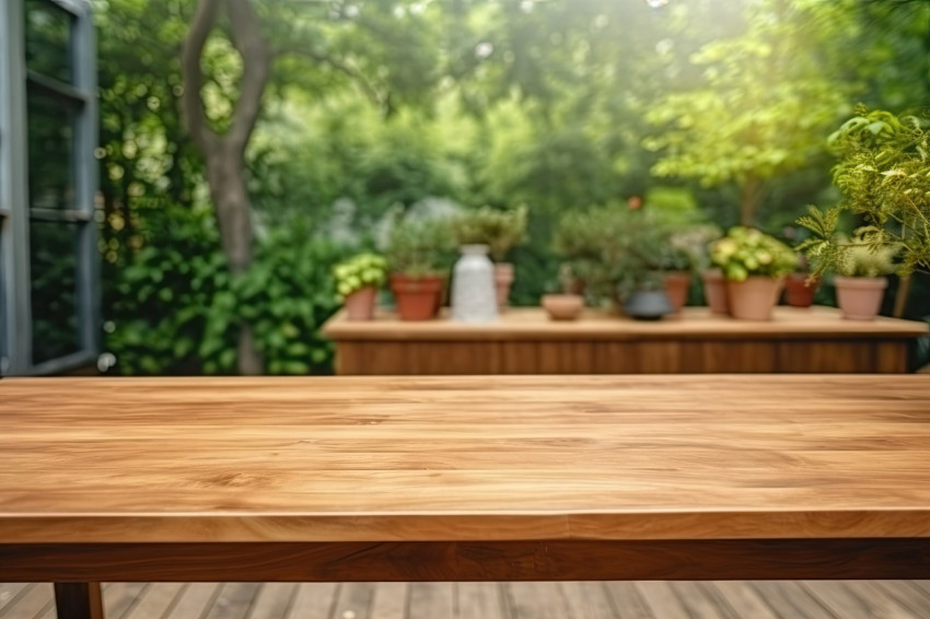 A wooden wood table with blurred background inside a garden