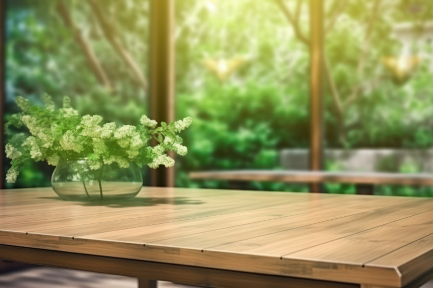 An empty wooden table with a garden and glass facade