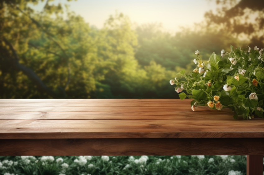A wooden table with a lush background
