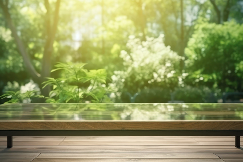 An empty wooden table with a garden and glass facade