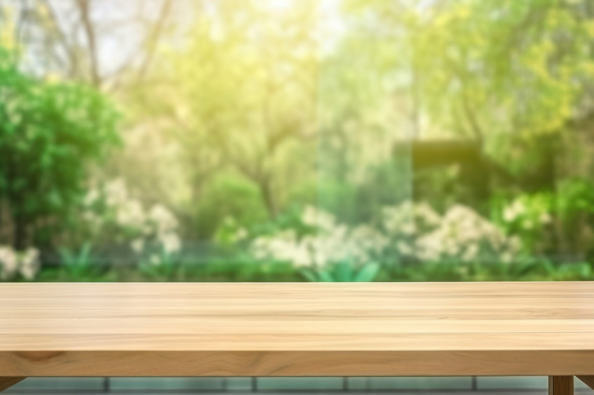 An empty wooden table with a garden and glass facade