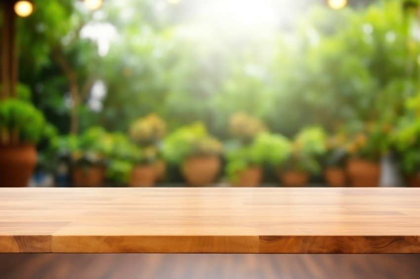 A wooden wood table with blurred background inside a garden