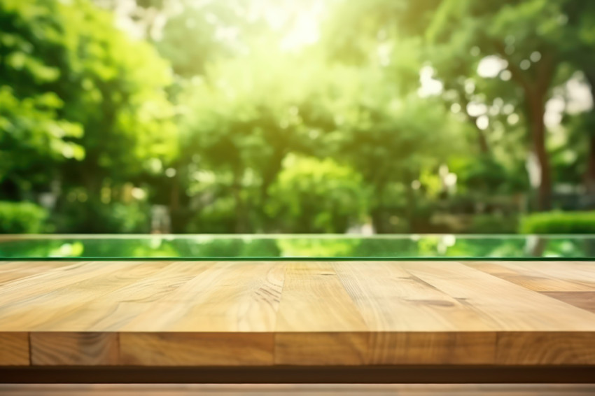 An empty wooden table with a garden and glass facade