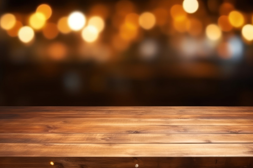 An empty wooden counter top over blurred light background