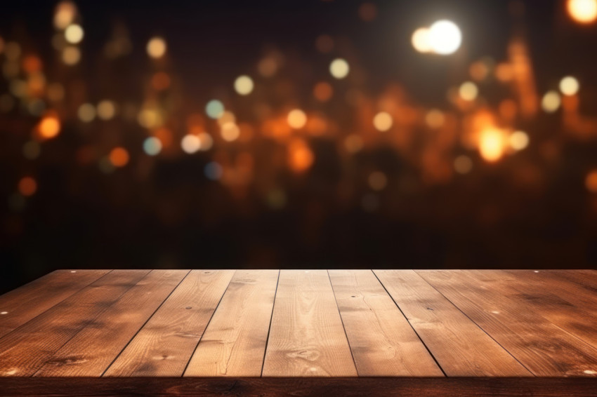 A vintage wooden table with blurred light background