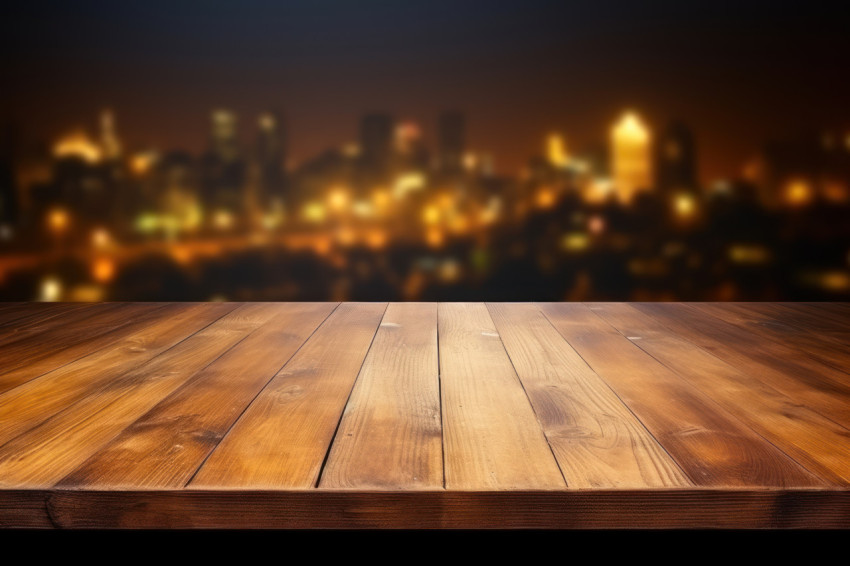 An empty wooden counter top over blurred light background