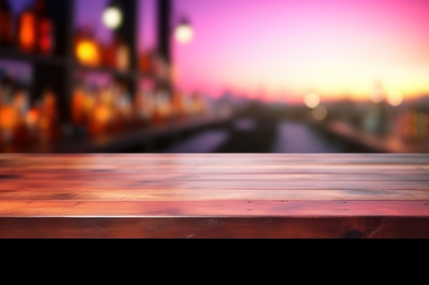 A wooden bar counter table on blurred background