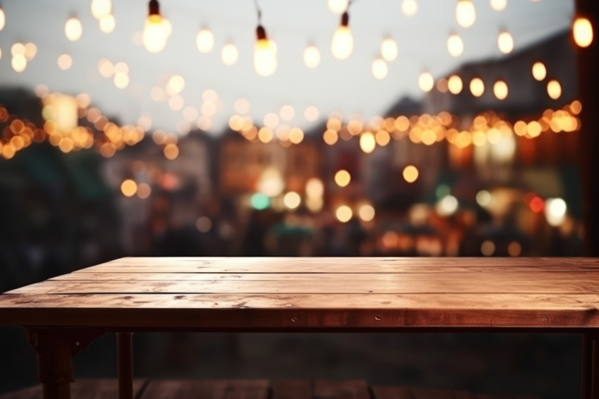 A vintage wooden table with blurred light background