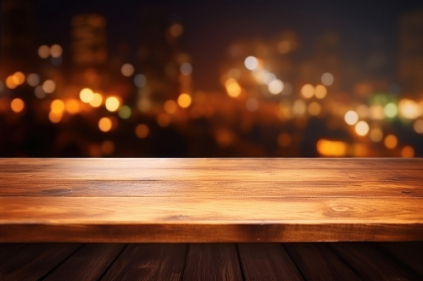 An empty wooden counter top over blurred light background