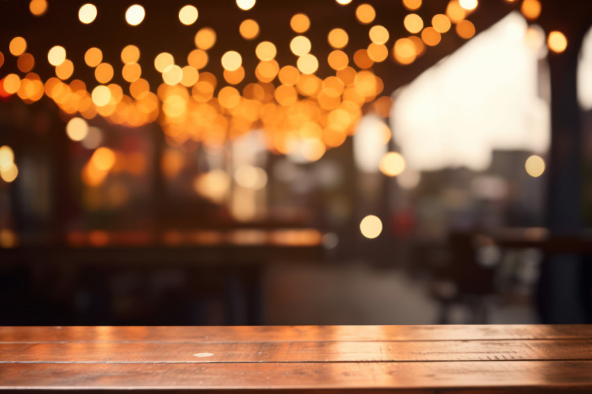 A vintage wooden table with blurred light background