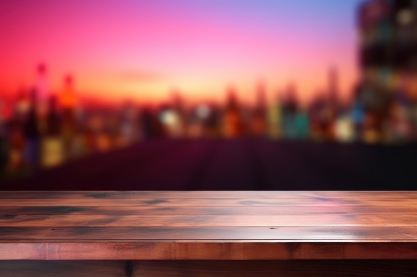 A wooden bar counter table on blurred background