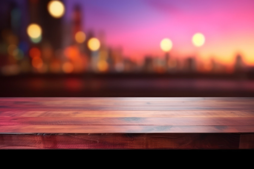 A wooden bar counter table on blurred background