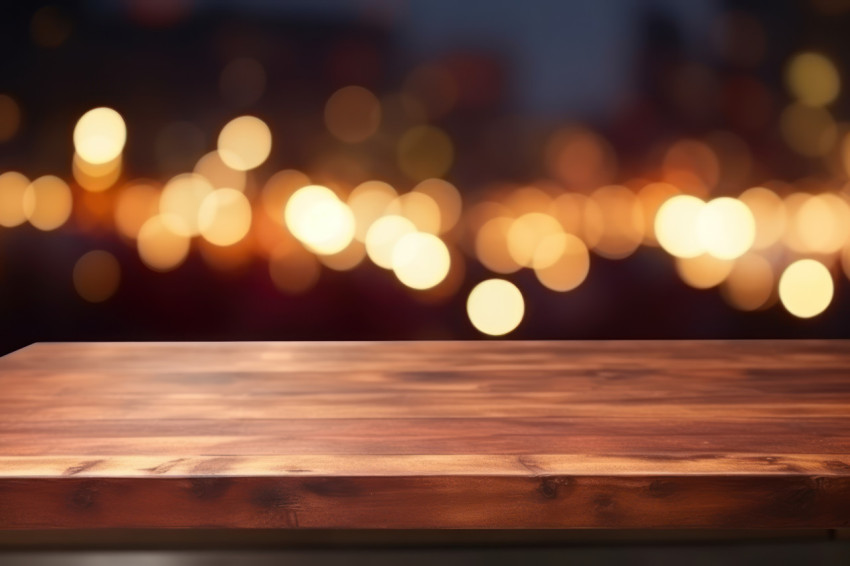 An empty wooden counter top over blurred light background