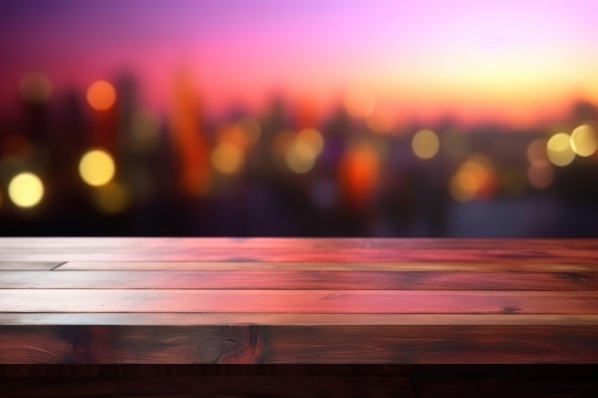 A wooden bar counter table on blurred background