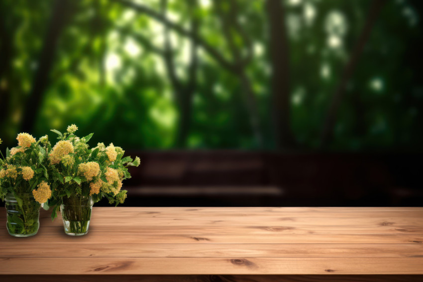 An image of an empty wooden table on a wooden tabletop outside